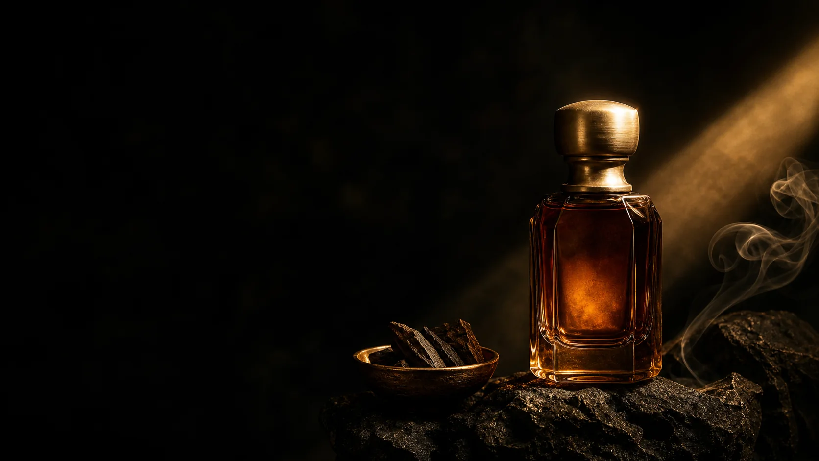 A fragrance bottle in soft golden light